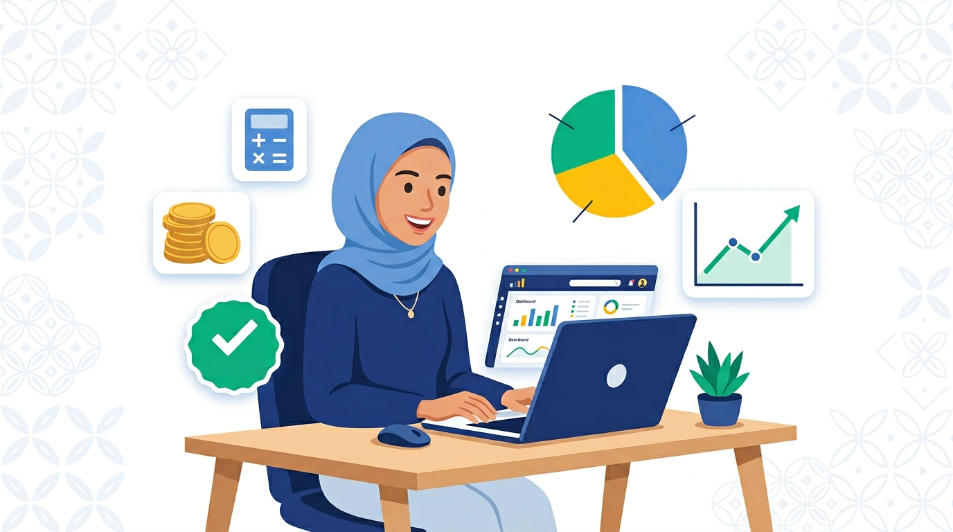 Malaysian woman using pinjamHub financial tools on laptop