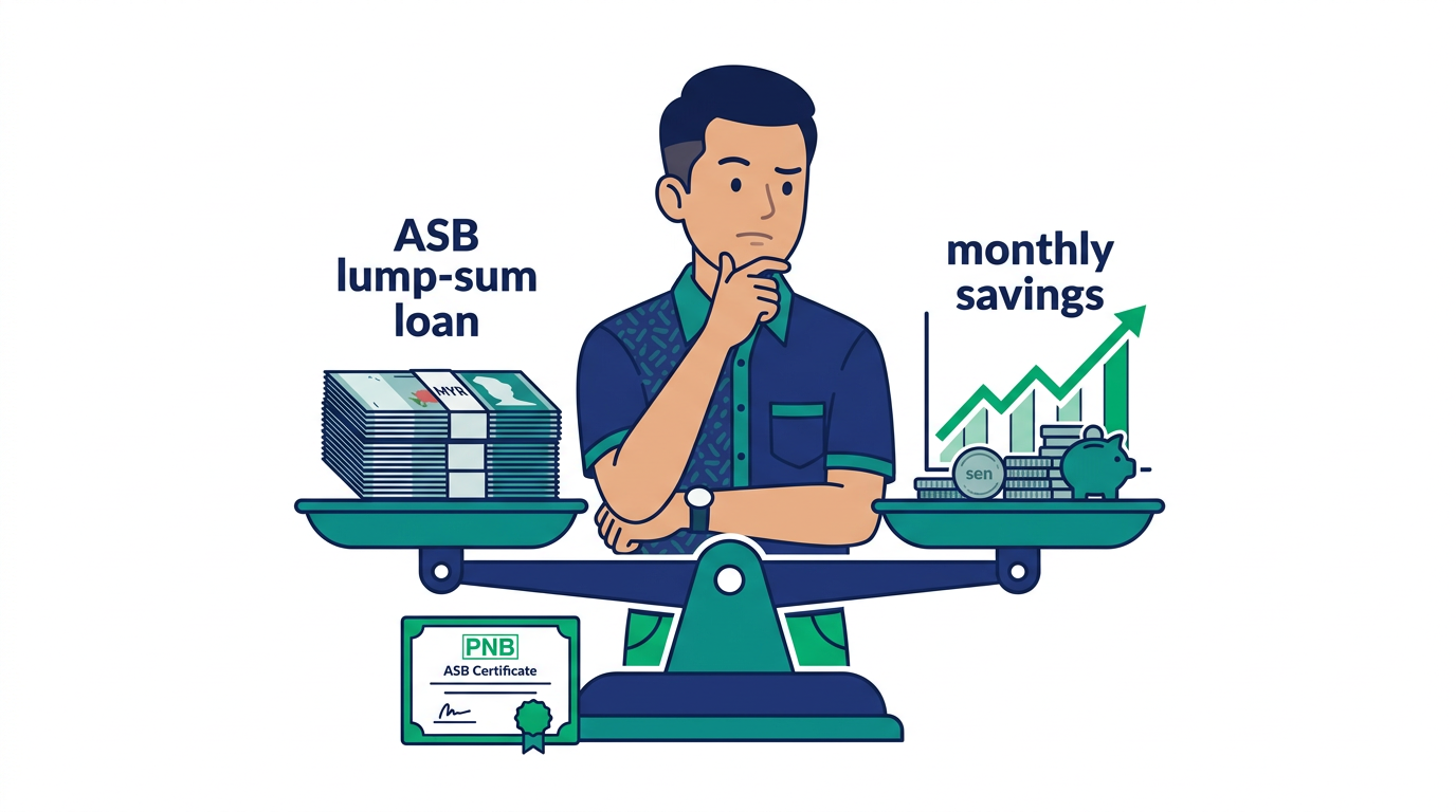 Illustration of a balance scale comparing ASB lump-sum loan against monthly savings