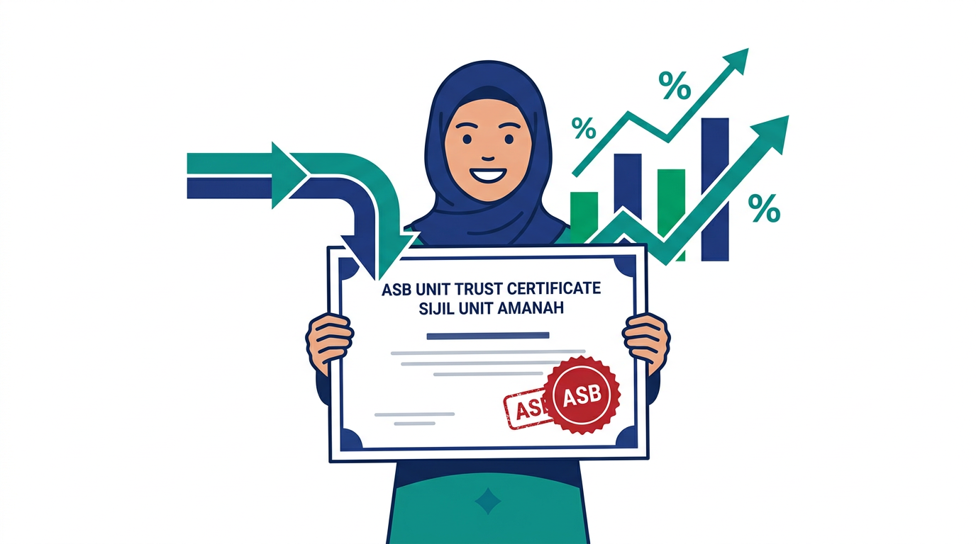 Illustration of a person holding an ASB unit trust certificate with a dividend growth chart