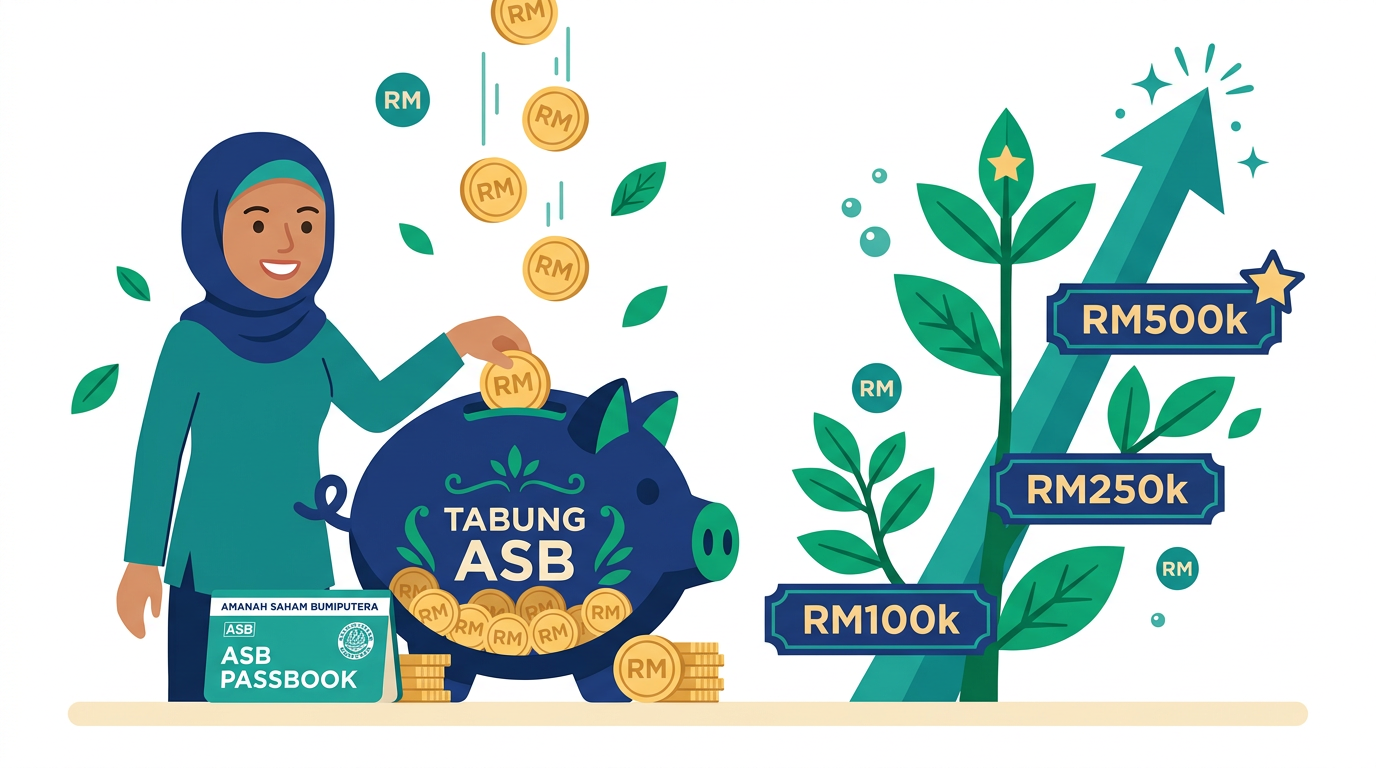 Illustration of an ASB piggy bank with coins and growth milestones marked RM100k, RM250k, RM500k