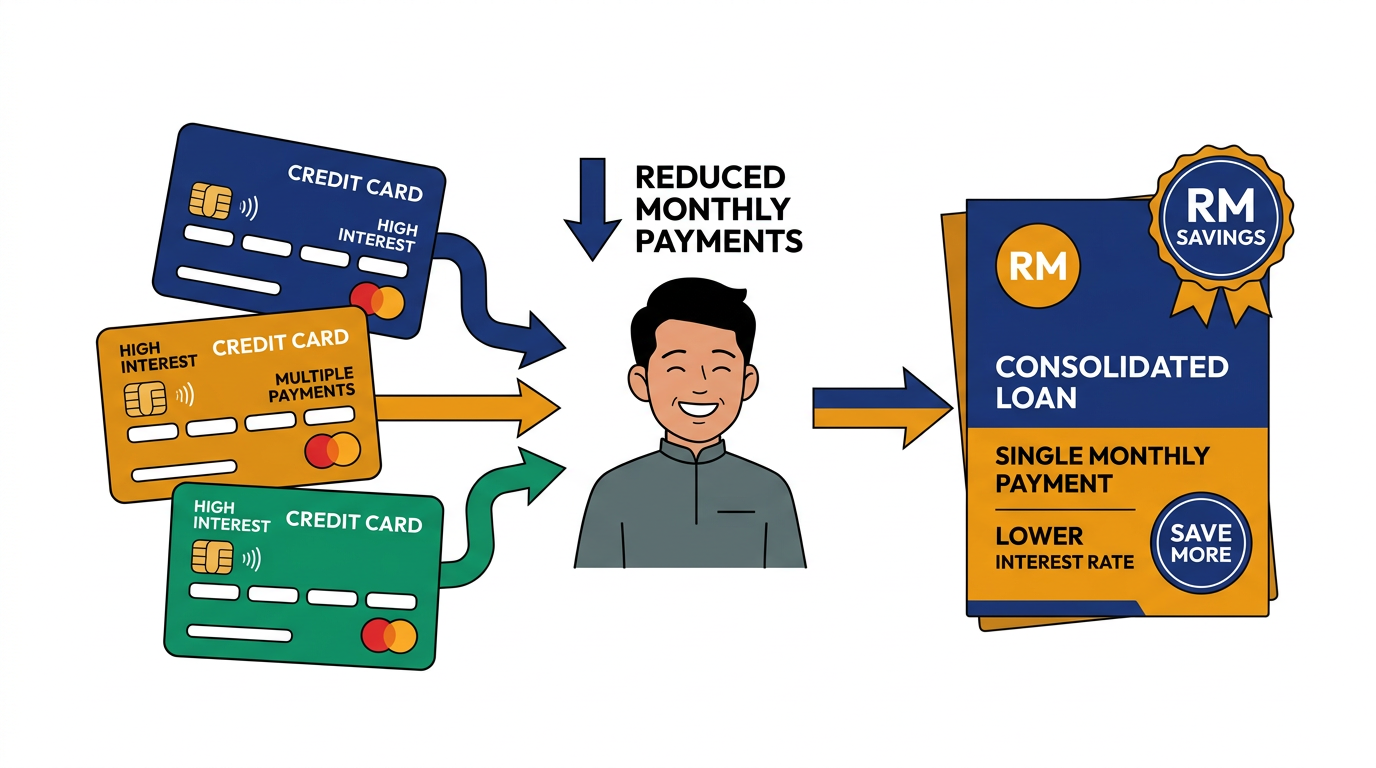 Illustration of multiple credit cards merging into a single consolidated loan with reduced payments