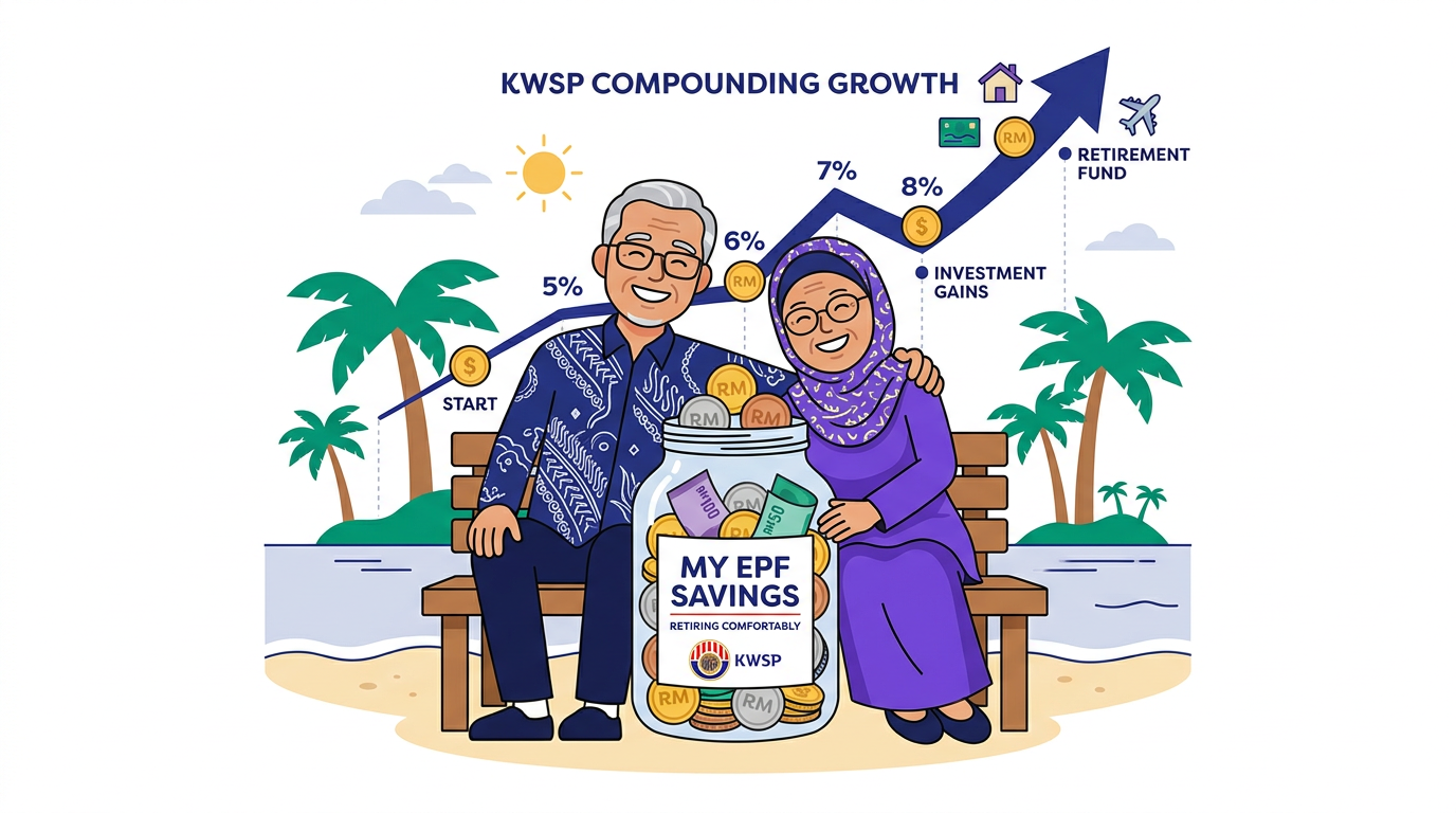 Illustration of a retired Malaysian couple with an EPF savings jar and compounding growth chart