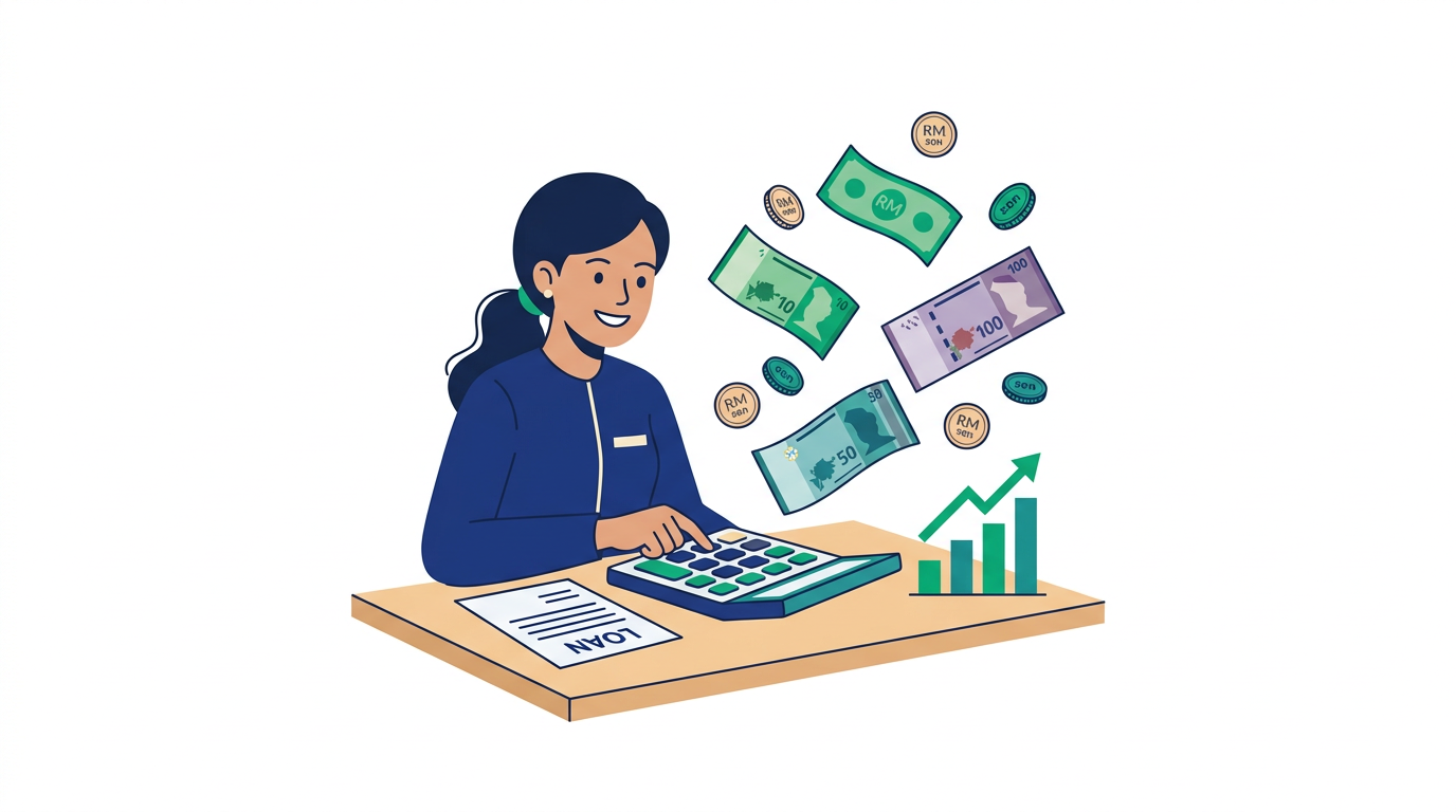 Illustration of a person using a calculator with Malaysian ringgit notes and a growth chart